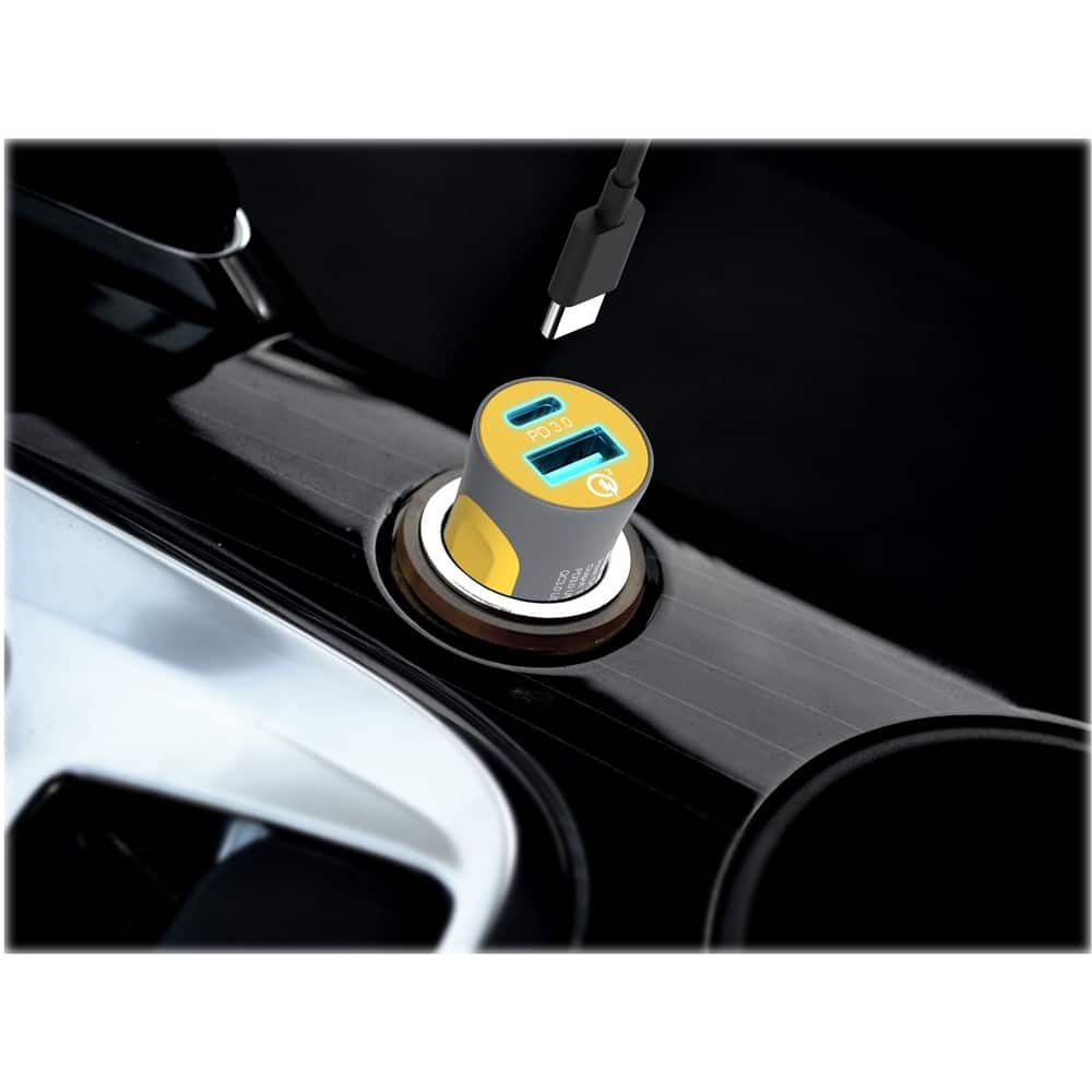 Alt View 14. RapidX - X2PD 2-Port Vehicle Charger with One QC 18W USB Port & One 30W USB-C Port, 48W Max Output - Yellow.