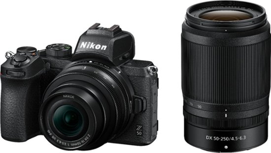 Front Zoom. Nikon - Z50 Mirrorless Camera Two Lens Kit with NIKKOR Z DX 16-50mm f/3.5-6.3 VR and NIKKOR Z DX 50-250mm f/4.5-6.3 VR Lenses - Black.