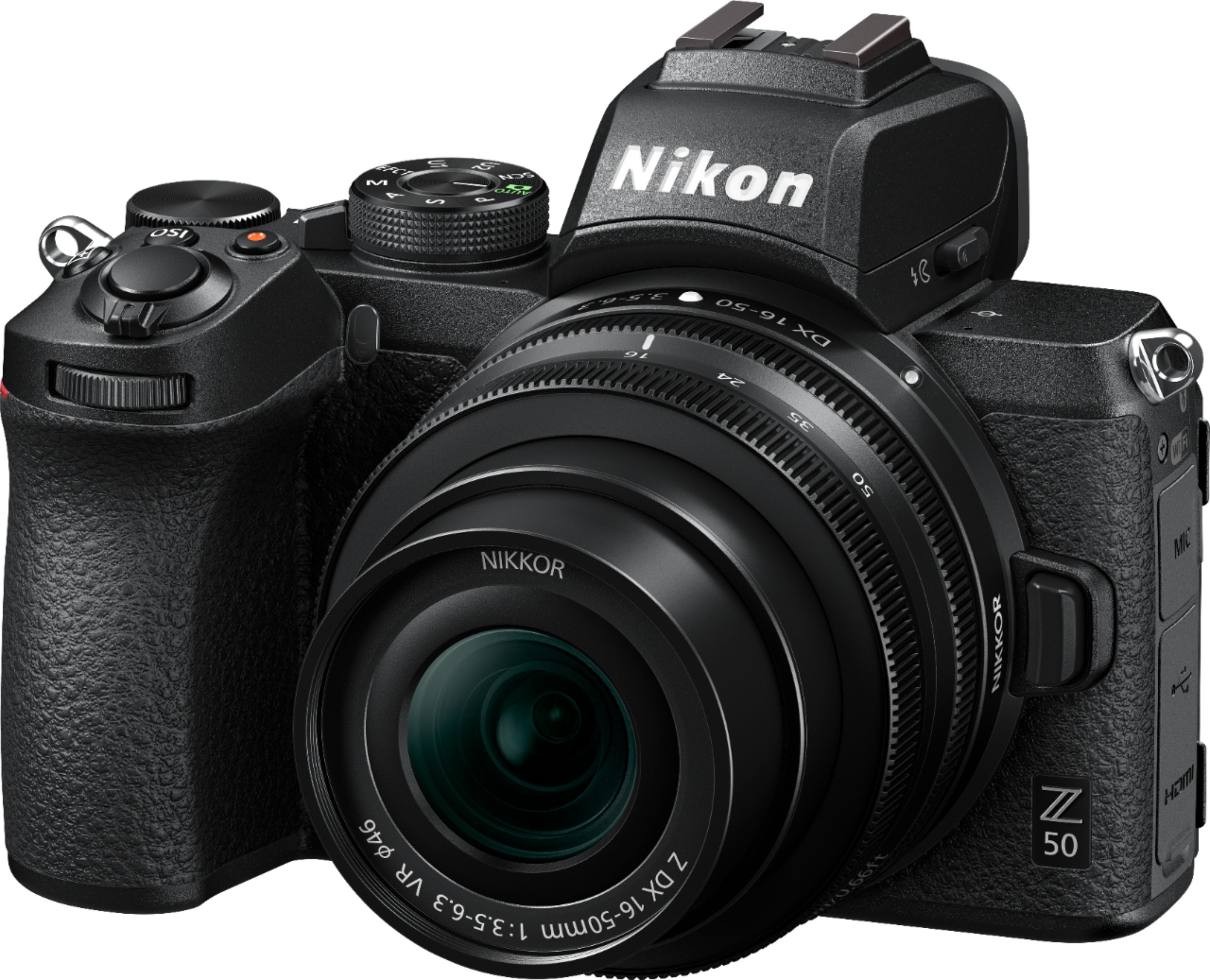 Left View: Nikon - Z50 Mirrorless 4K Video Camera with NIKKOR Z DX 16-50mm f/3.5-6.3 VR Lens - Black