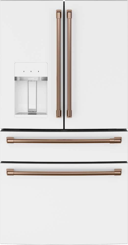 white refrigerator with rose gold handles