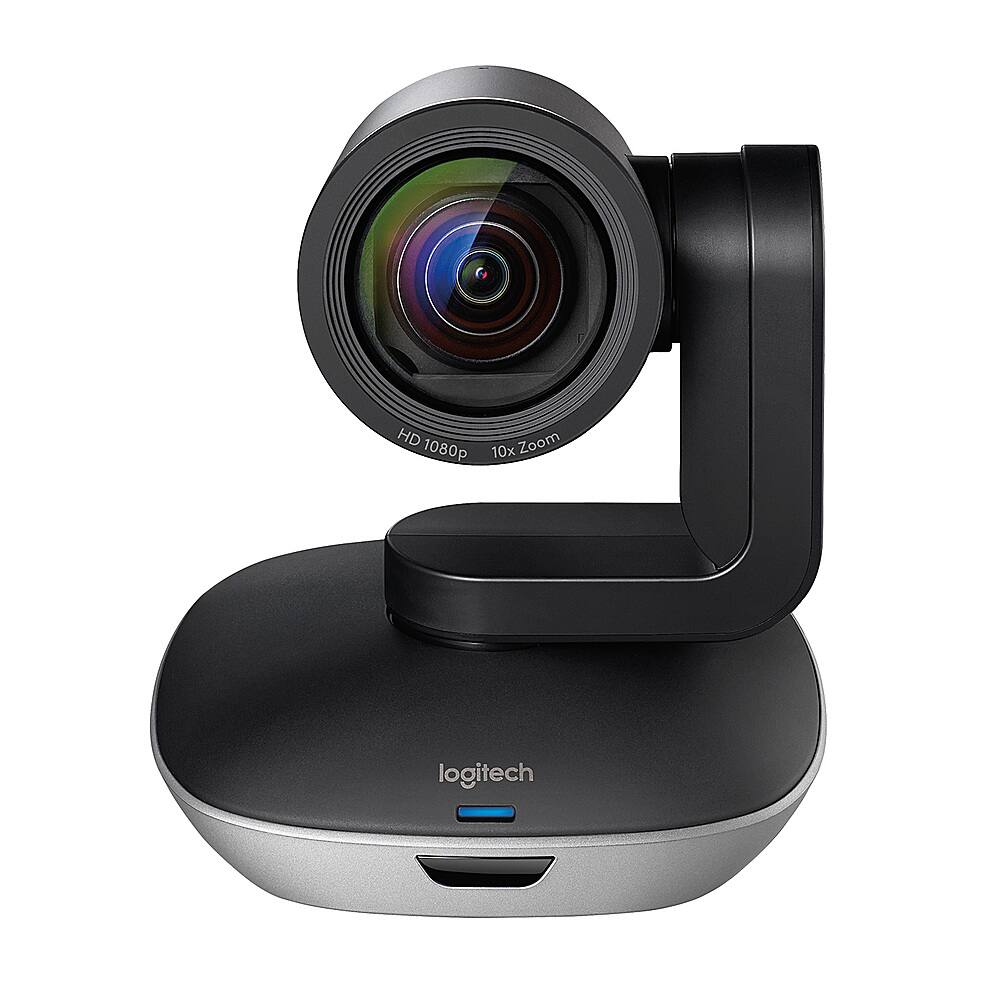 The image features a Logitech HD Zoom 1080p 10x camera mounted on a stand. The camera is positioned on a white base, and it appears to be a close-up shot of the device. The stand is designed to hold the camera securely and provide a stable platform for the camera to capture high-quality images and videos. The Logitech brand is well-known for its computer peripherals and accessories, and this camera is no exception, offering excellent performance and features for users.