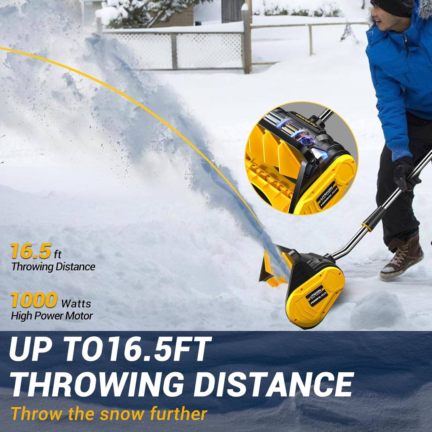 16.5 ft Throwing Distance  
1000 Watts High Power Motor  
UP TO 16.5FT THROWING DISTANCE  
Throw the snow further