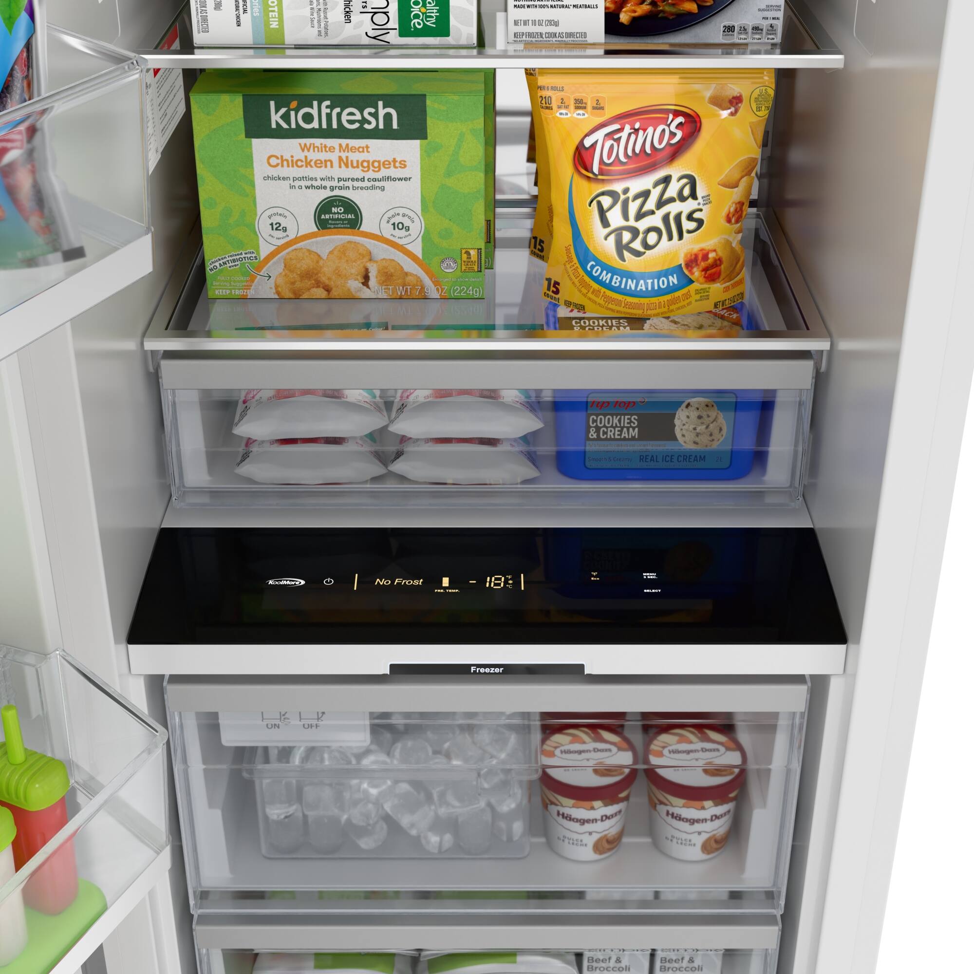 - kidfresh White Meat Chicken Nuggets  
  chicken patties with pureed cauliflower in a whole grain breading  
  12g Protein  
  10g Whole Grains  
  No Artificial Flavors or Colors  
  No Antibiotics Ever  
  7 oz (224g)  

- Totino's Pizza Rolls  
  Combination  
  15 Rolls  
  280 Calories  

- Cookies & Cream  
  Real Ice Cream  
  No Frost  

- Häagen-Dazs  
  255g  
  Beef & Broccoli  
  Beef & Broccoli