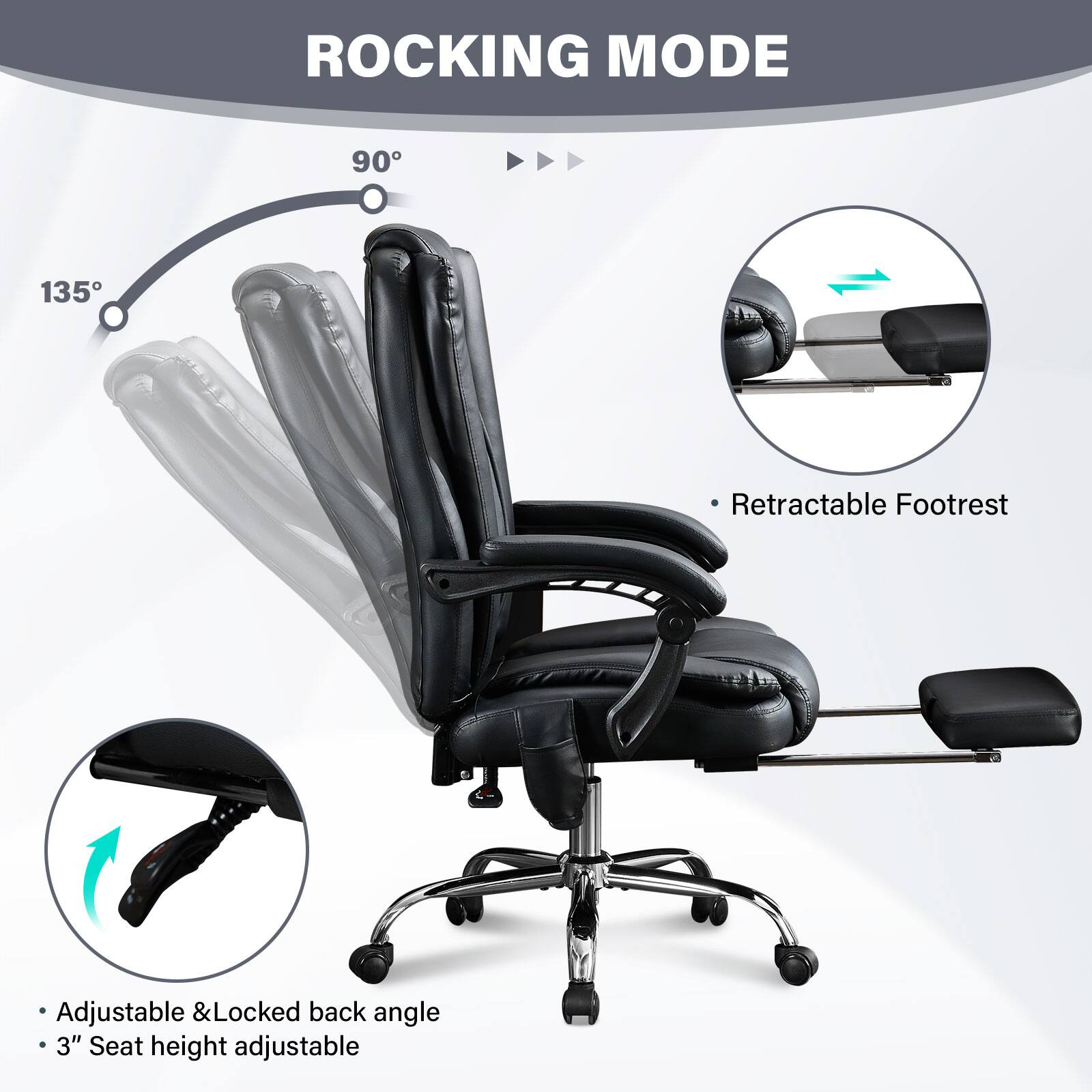 ROCKING MODE

- Retractable Footrest
- Adjustable & Locked back angle
- 3" Seat height adjustable