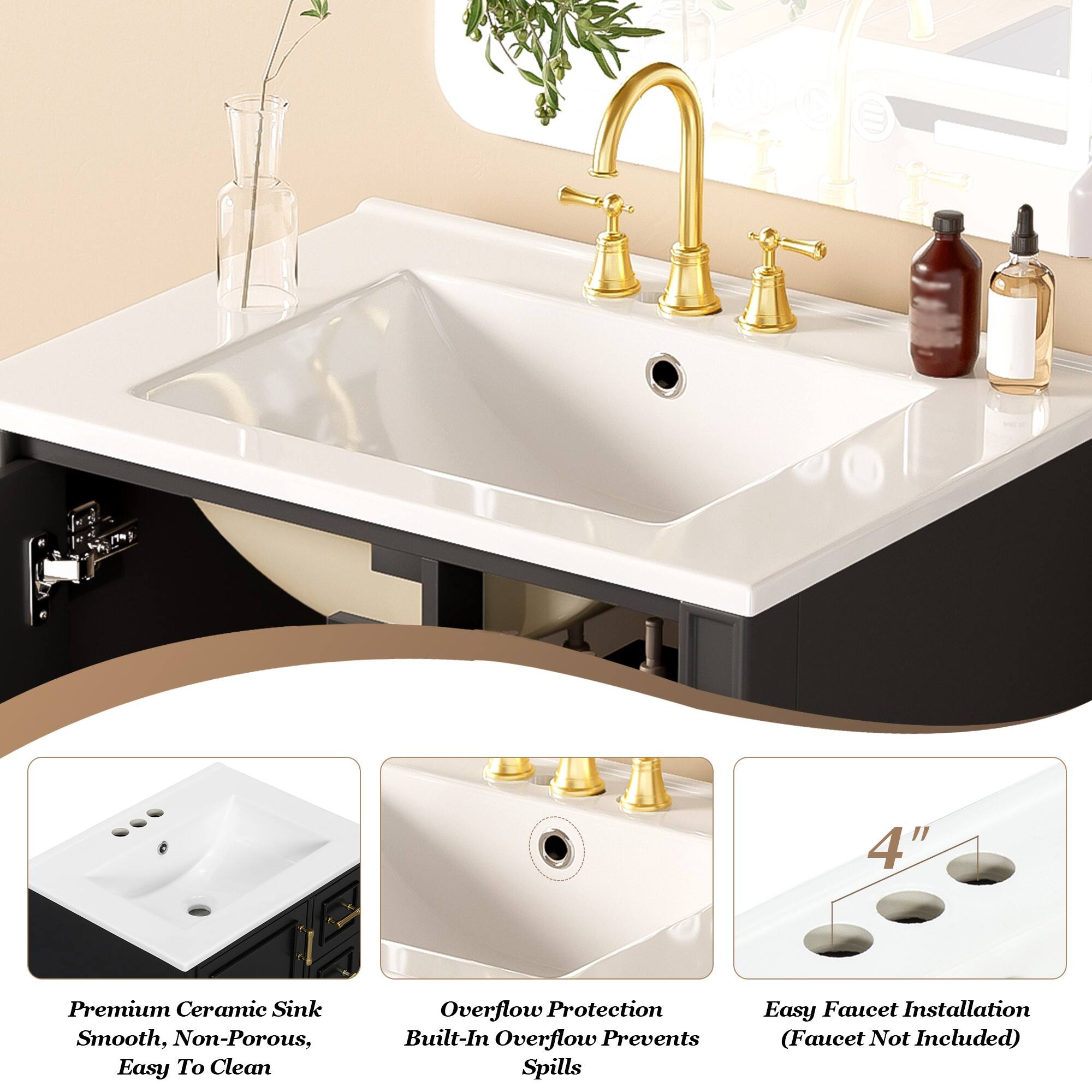 4" Premium Ceramic Sink  
Smooth, Non-Porous, Easy To Clean  
Overflow Protection Built-In  
Overflow Prevents Spills  
Easy Faucet Installation (Faucet Not Included)