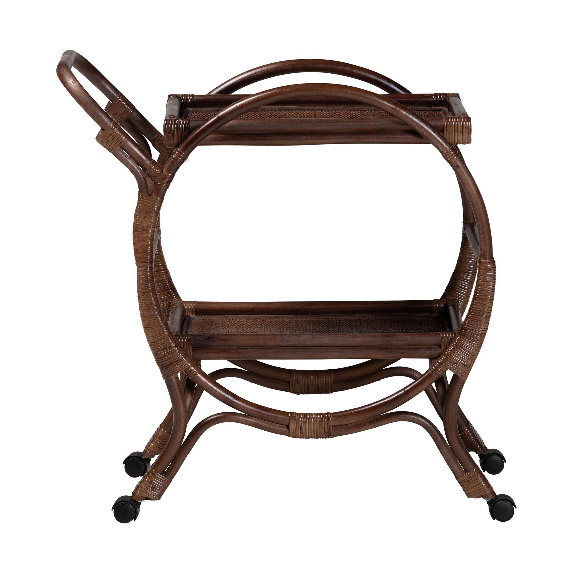 Angle. bali & pari - Selah Natural Rattan Kitchen Cart - Handwoven Wicker 2-Tier Mobile Serving Cart with Tray Top - Coffee Bean.