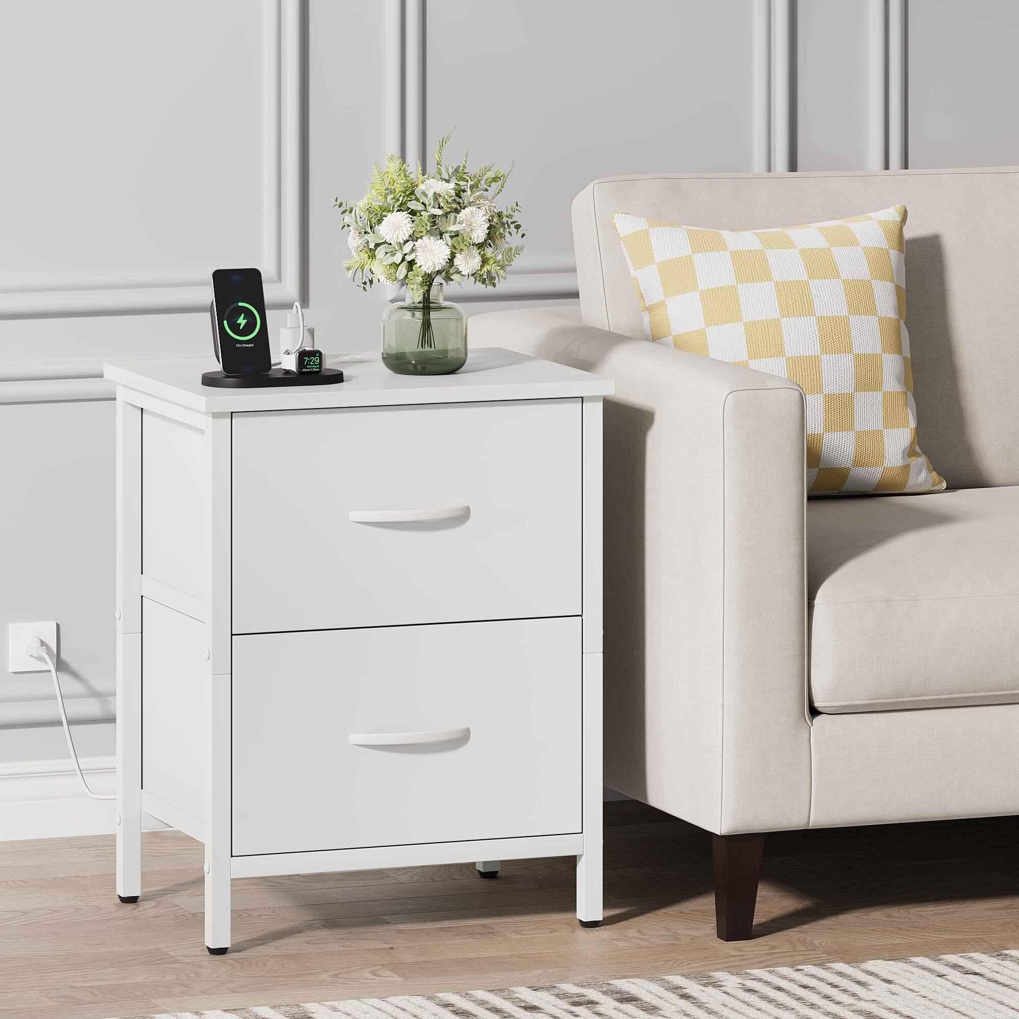 Left. PO3TICJUNKI3 - Nightstand With Charging Station Bedside Table Usb Ports And Outlet End Side 2 Fabric Drawers For Bedroom L... - White (1 Pack).