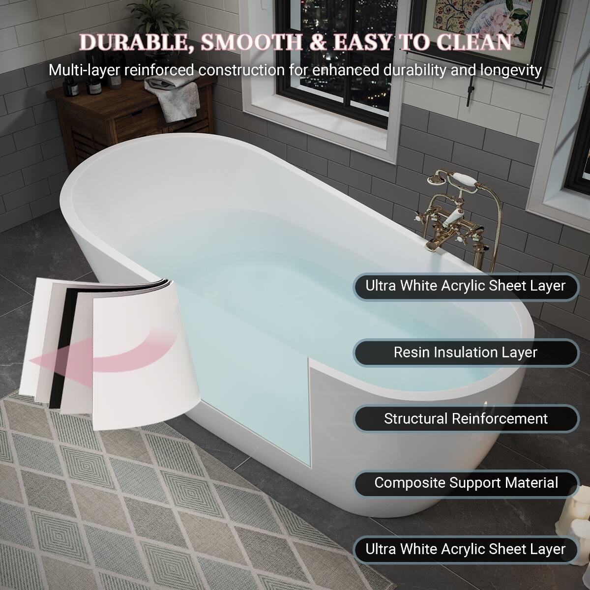 DURABLE, SMOOTH & EASY TO CLEAN  
Multi-layer reinforced construction for enhanced durability and longevity  

Ultra White Acrylic Sheet Layer  
Resin Insulation Layer  
Structural Reinforcement  
Composite Support Material  
Ultra White Acrylic Sheet Layer