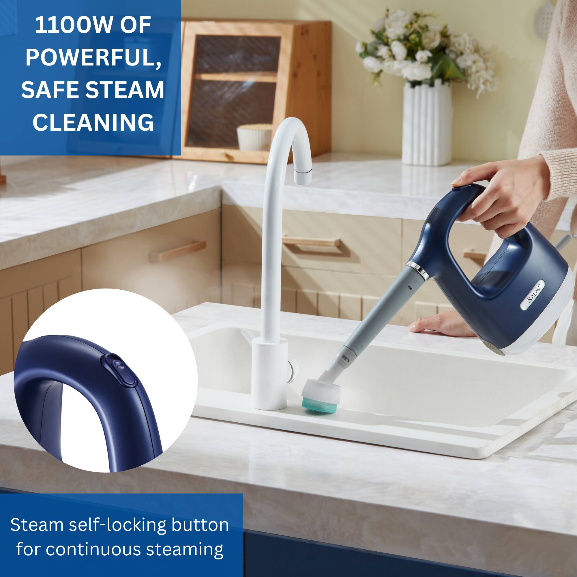 1100W of Powerful, Safe Steam Cleaning

Steam Self-Locking Button for Continuous Steaming
