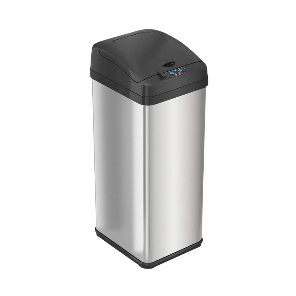 Angle. iTouchless - 13 Gallon Rectangular Sensor Trash Can with AbsorbX Odor Control System, Stainless Steel Kitchen Automatic Garbage Bin - Silver.