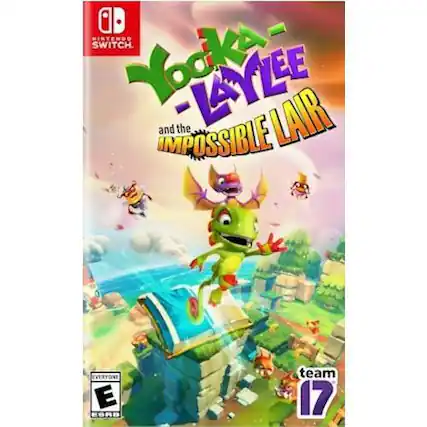 Yooka-Laylee and the Impossible Lair is a video game for the Nintendo Switch. The game features a large, colorful dragon on the cover, and it is rated E for Everyone by the ESRB. Team 17 is the developer of this game. - E (Everyone)