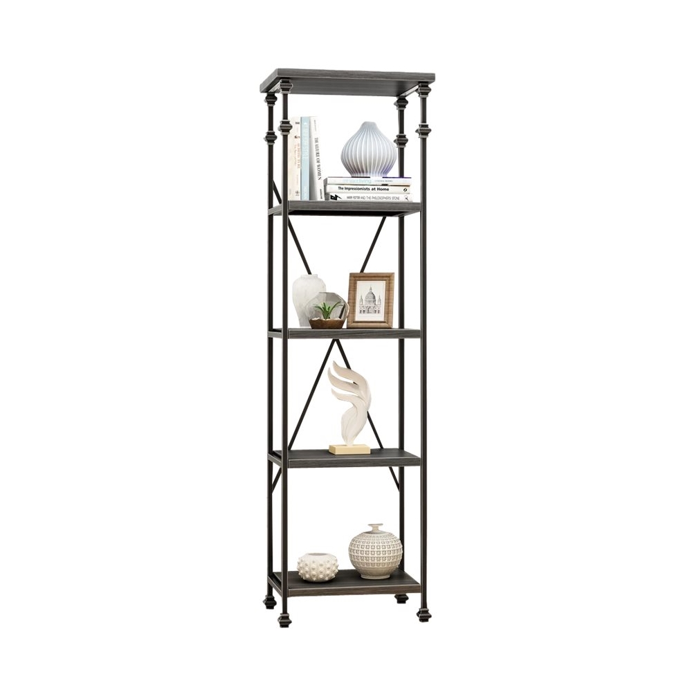 Left View: Noble House - Keeline Industrial Iron & Firwood 5-Shelf Bookcase - Pewter