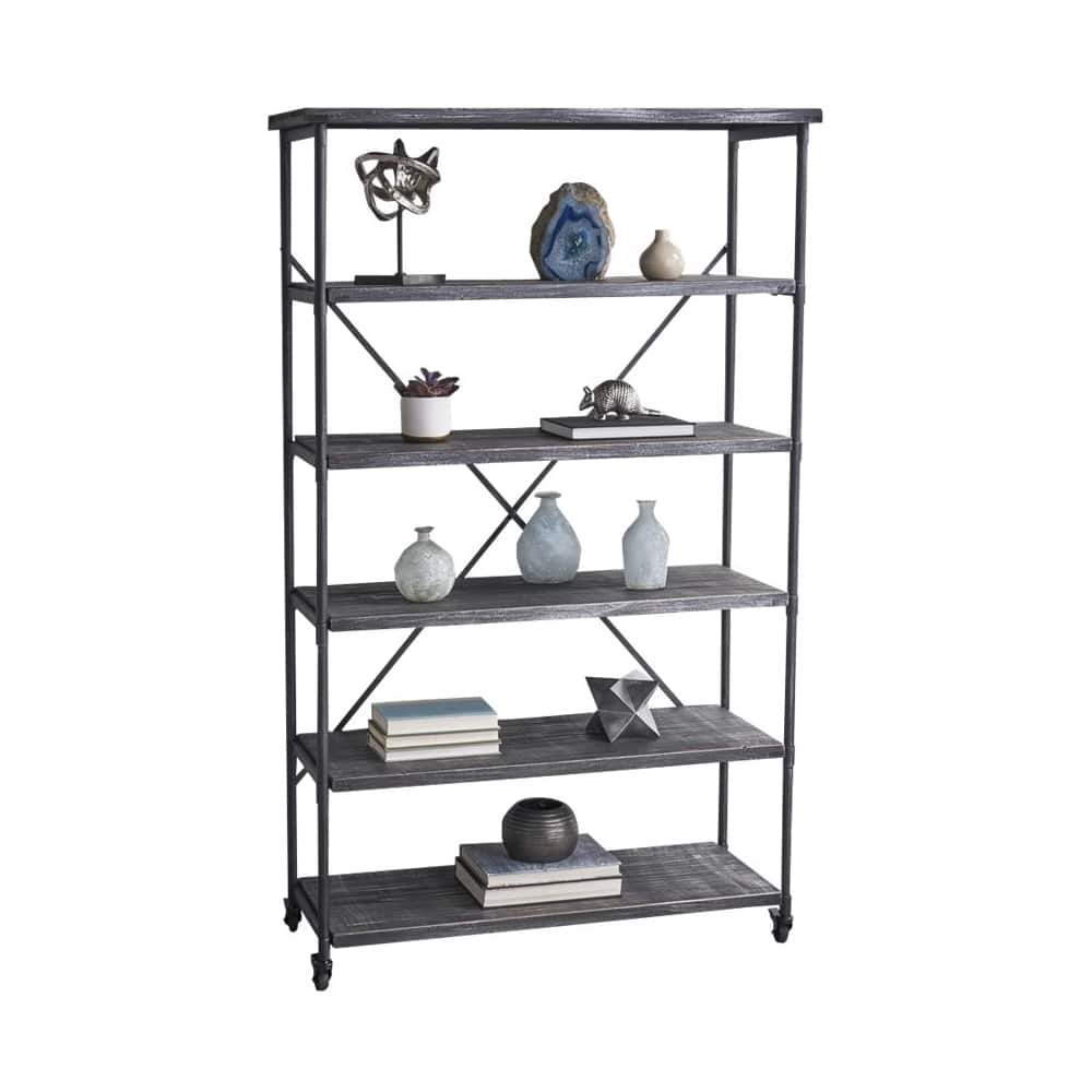 Left View: Noble House - Wharton Industrial 5-Shelf Bookshelf - Light Gray