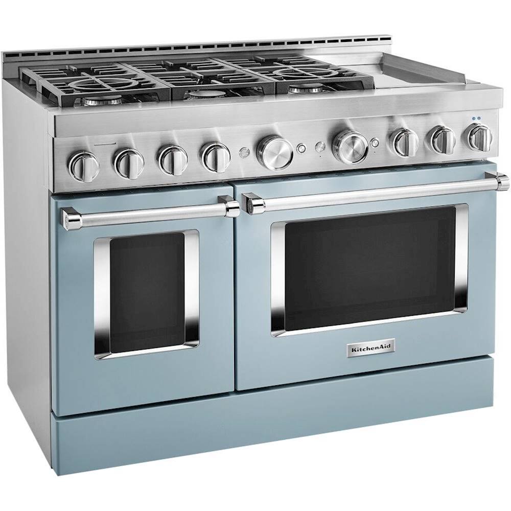 Angle. KitchenAid - 6.3 Cu. Ft. Freestanding Double Oven Gas True Convection Range with Self-Cleaning and Griddle - Misty Blue.