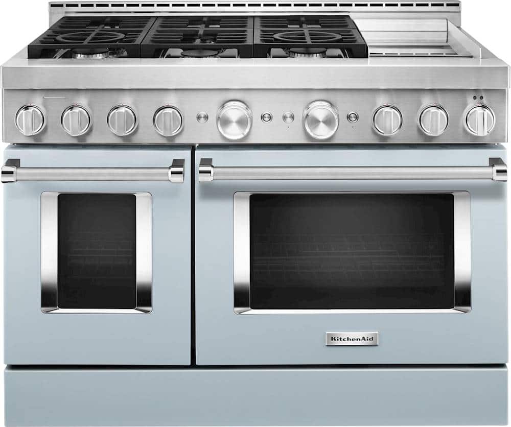 Front. KitchenAid - 6.3 Cu. Ft. Freestanding Double Oven Gas True Convection Range with Self-Cleaning and Griddle - Misty Blue.