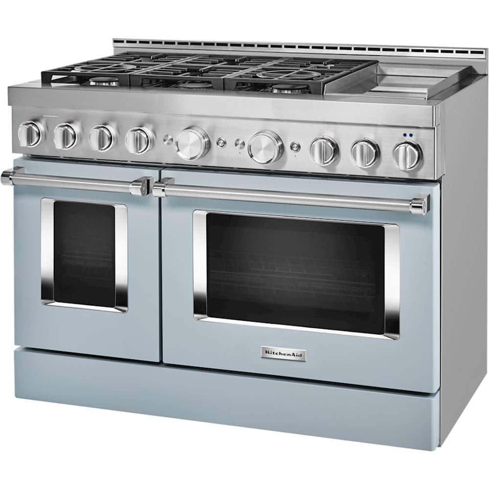 Left. KitchenAid - 6.3 Cu. Ft. Freestanding Double Oven Gas True Convection Range with Self-Cleaning and Griddle - Misty Blue.