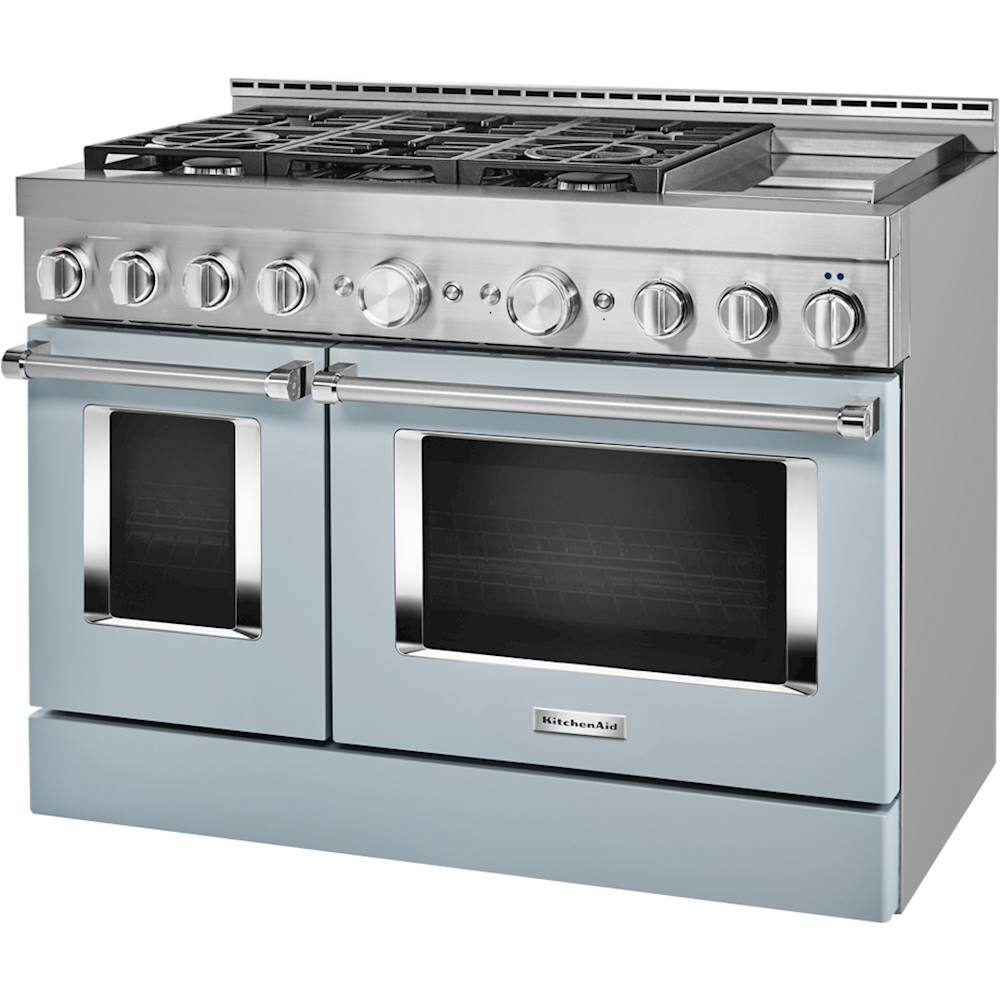 Left. KitchenAid - 6.3 Cu. Ft. Freestanding Double Oven Gas True Convection Range with Self-Cleaning and Griddle - Misty Blue.