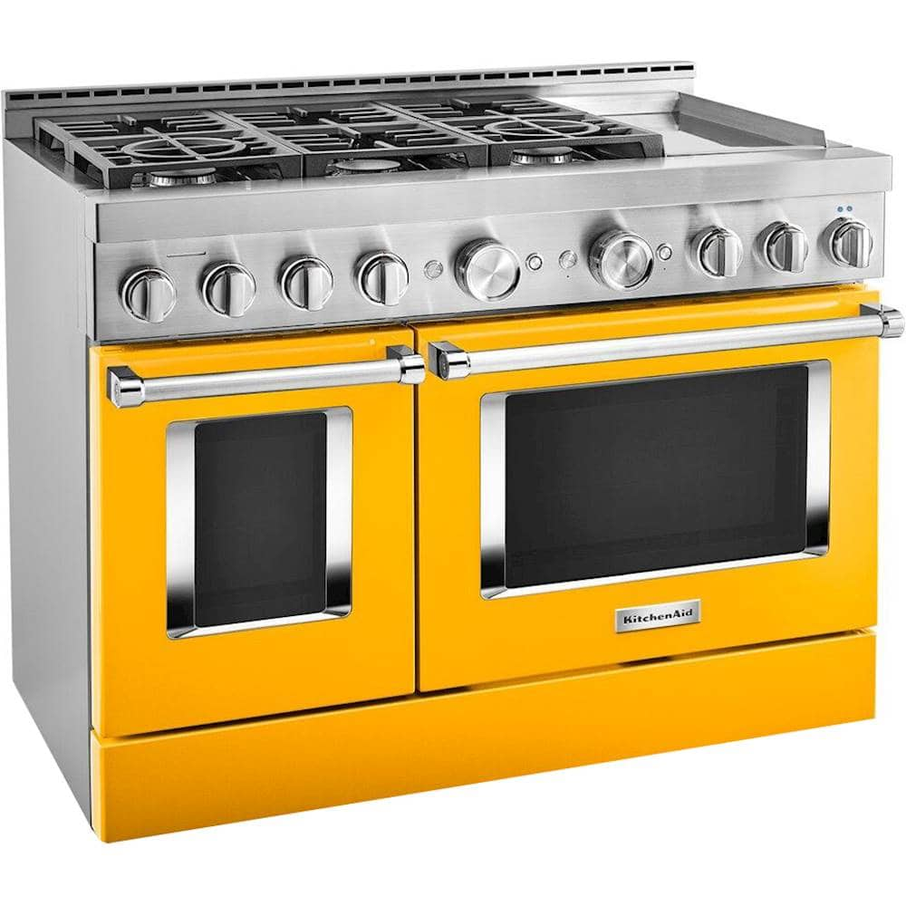 Angle View: KitchenAid - 6.3 Cu. Ft. Slide-In Double Oven Gas True Convection Range with Self-Cleaning and Griddle - Yellow Pepper