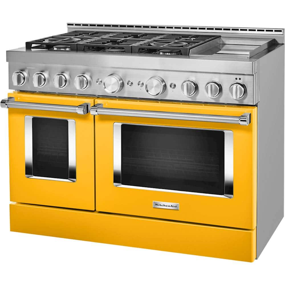 Left View: KitchenAid - 6.3 Cu. Ft. Slide-In Double Oven Gas True Convection Range with Self-Cleaning and Griddle - Yellow Pepper