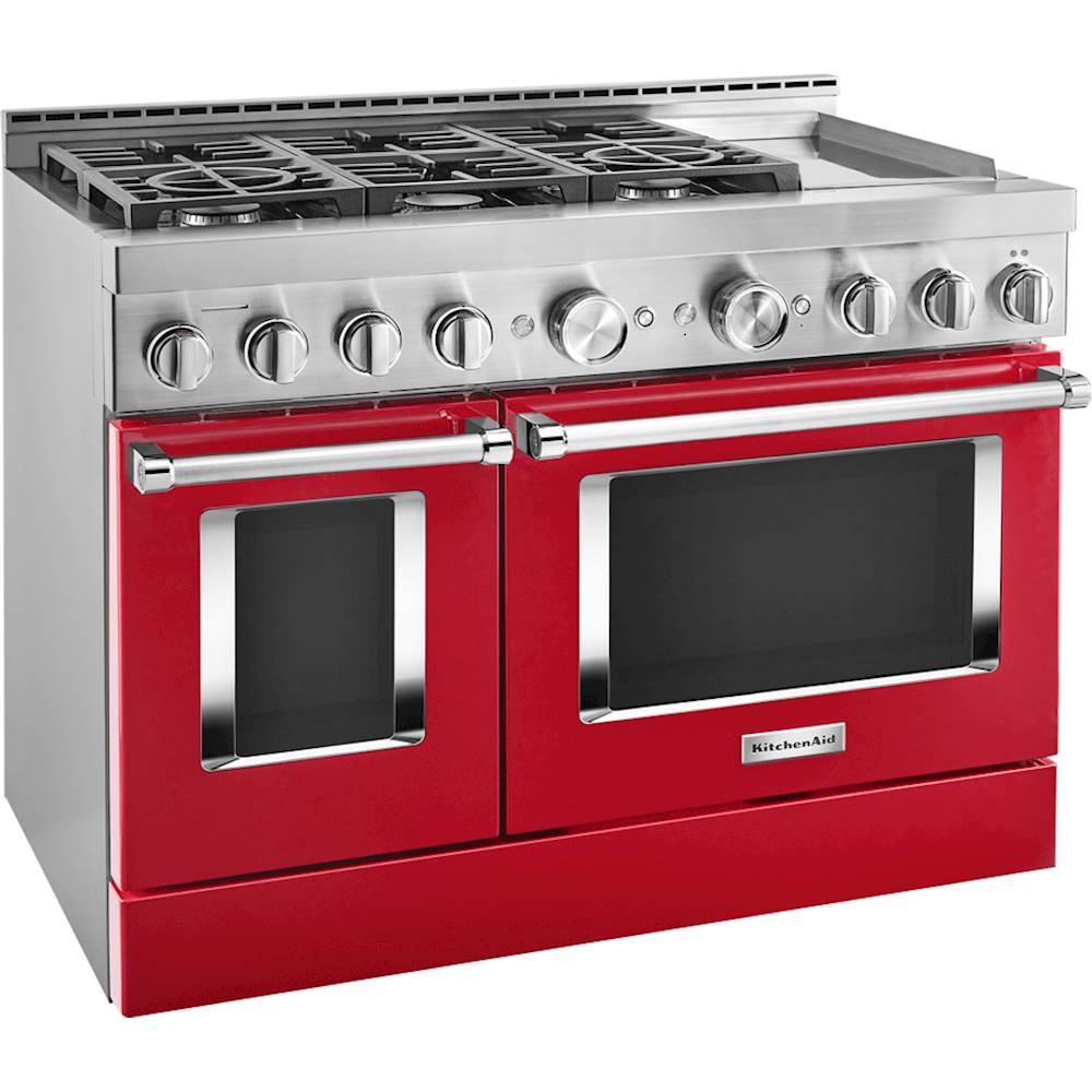 Angle View: KitchenAid - 6.3 Cu. Ft. Slide-In Double Oven Gas True Convection Range with Self-Cleaning and Griddle - Passion red