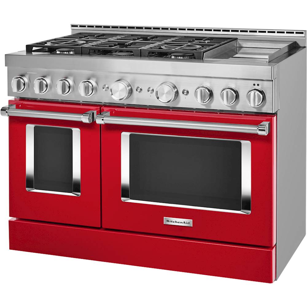 Left View: KitchenAid - 6.3 Cu. Ft. Slide-In Double Oven Gas True Convection Range with Self-Cleaning and Griddle - Passion red