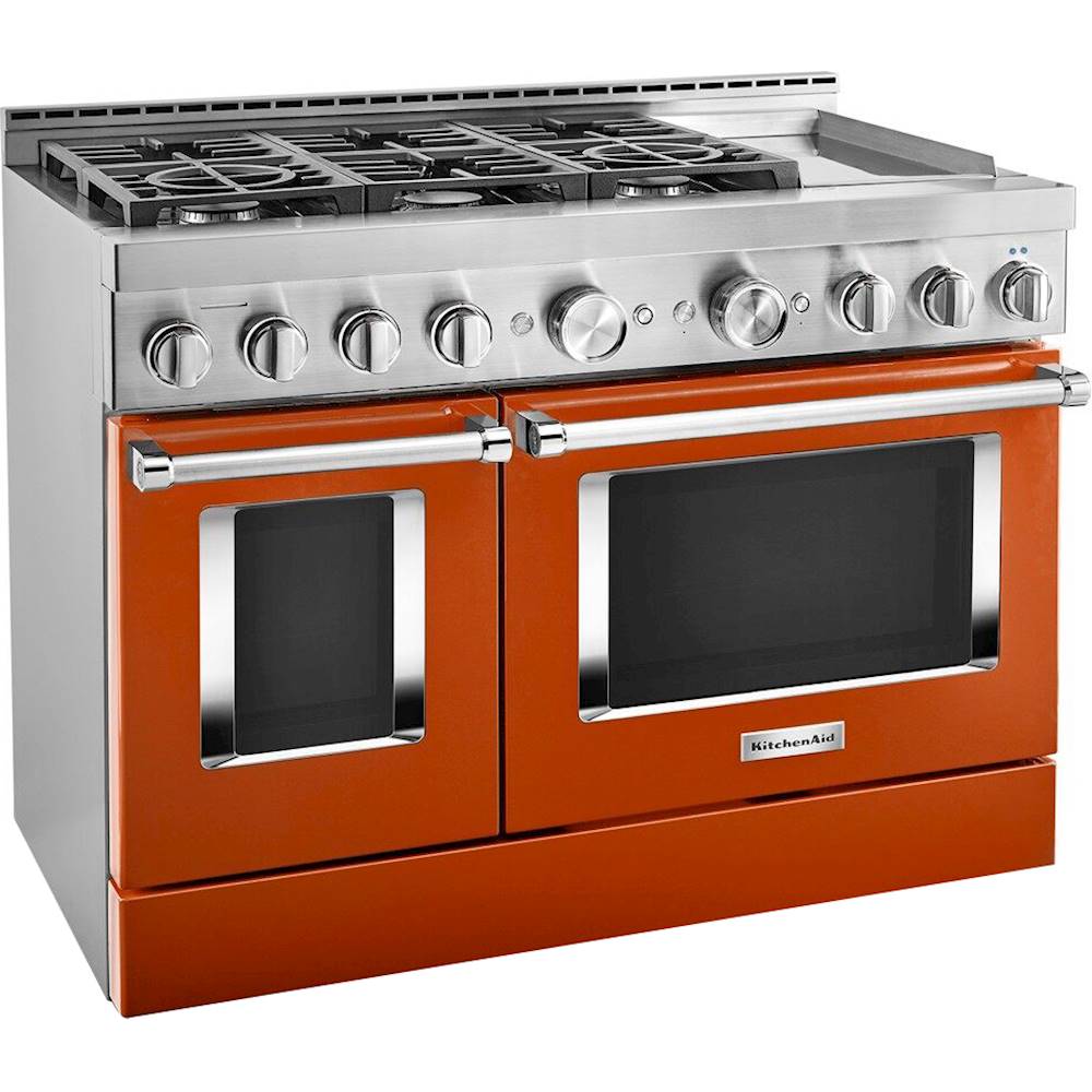 Angle View: KitchenAid - 6.3 Cu. Ft. Freestanding Double Oven Gas True Convection Range with Self-Cleaning and Griddle - Scorched orange