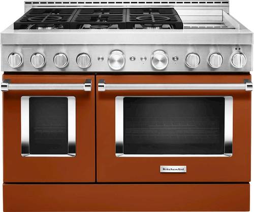 KitchenAid 48 in. 6.3 cu. ft. Smart Double Oven Commercial-Style Gas Range with Griddle and True Convection in Scorched Orange