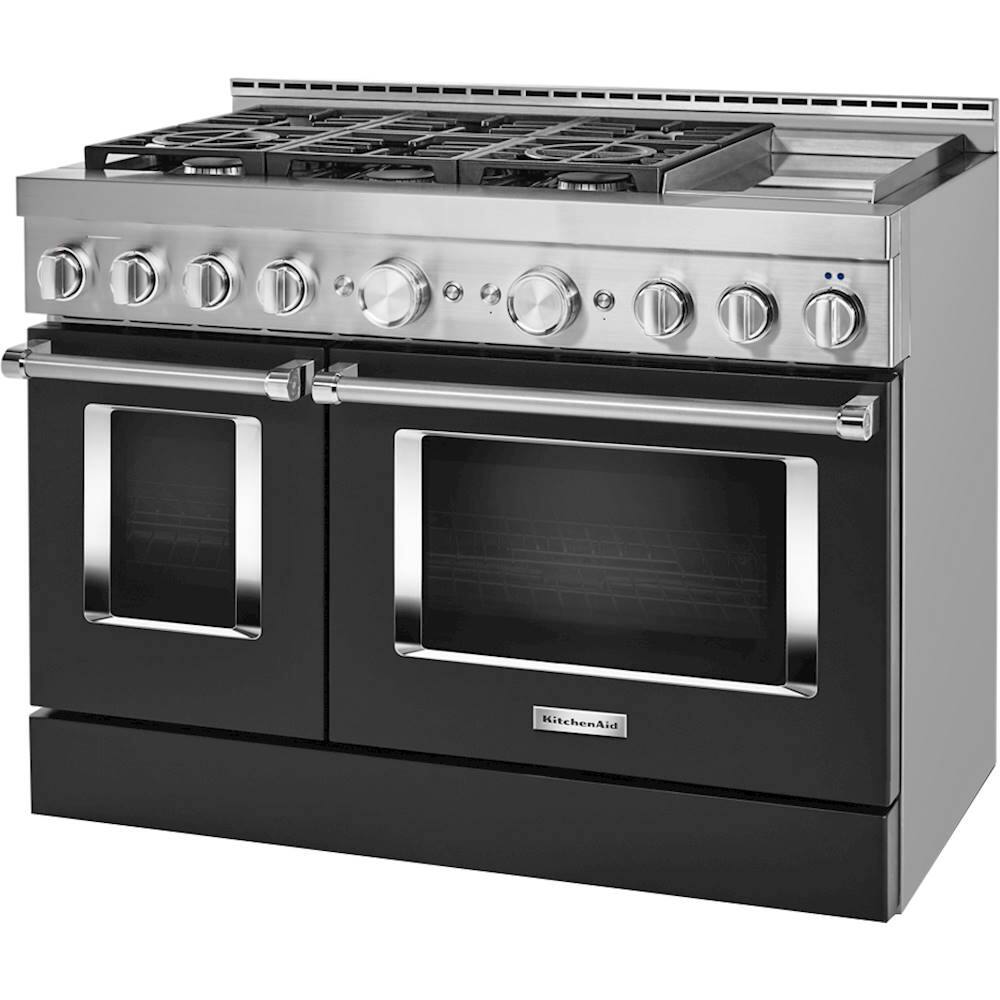 Left. KitchenAid - 6.3 Cu. Ft. Freestanding Double Oven Gas True Convection Range with Self-Cleaning and Griddle - Imperial Black.