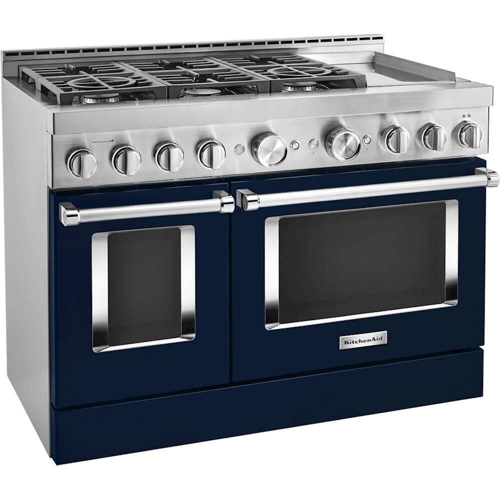 Angle. KitchenAid - 6.3 Cu. Ft. Freestanding Double Oven Gas True Convection Range with Self-Cleaning and Griddle - Ink Blue.