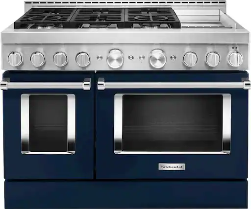 Front. KitchenAid - 6.3 Cu. Ft. Freestanding Double Oven Gas True Convection Range with Self-Cleaning and Griddle - Ink Blue.