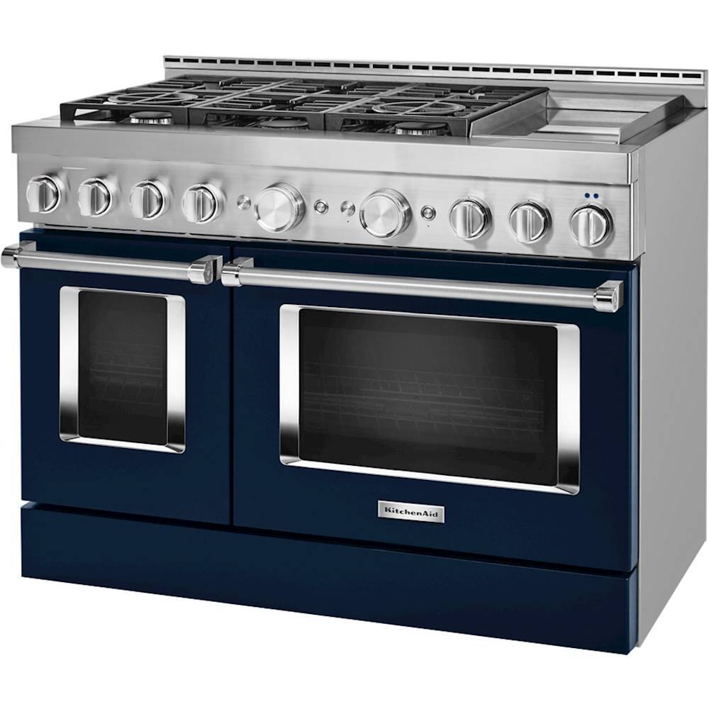Left. KitchenAid - 6.3 Cu. Ft. Freestanding Double Oven Gas True Convection Range with Self-Cleaning and Griddle - Ink Blue.