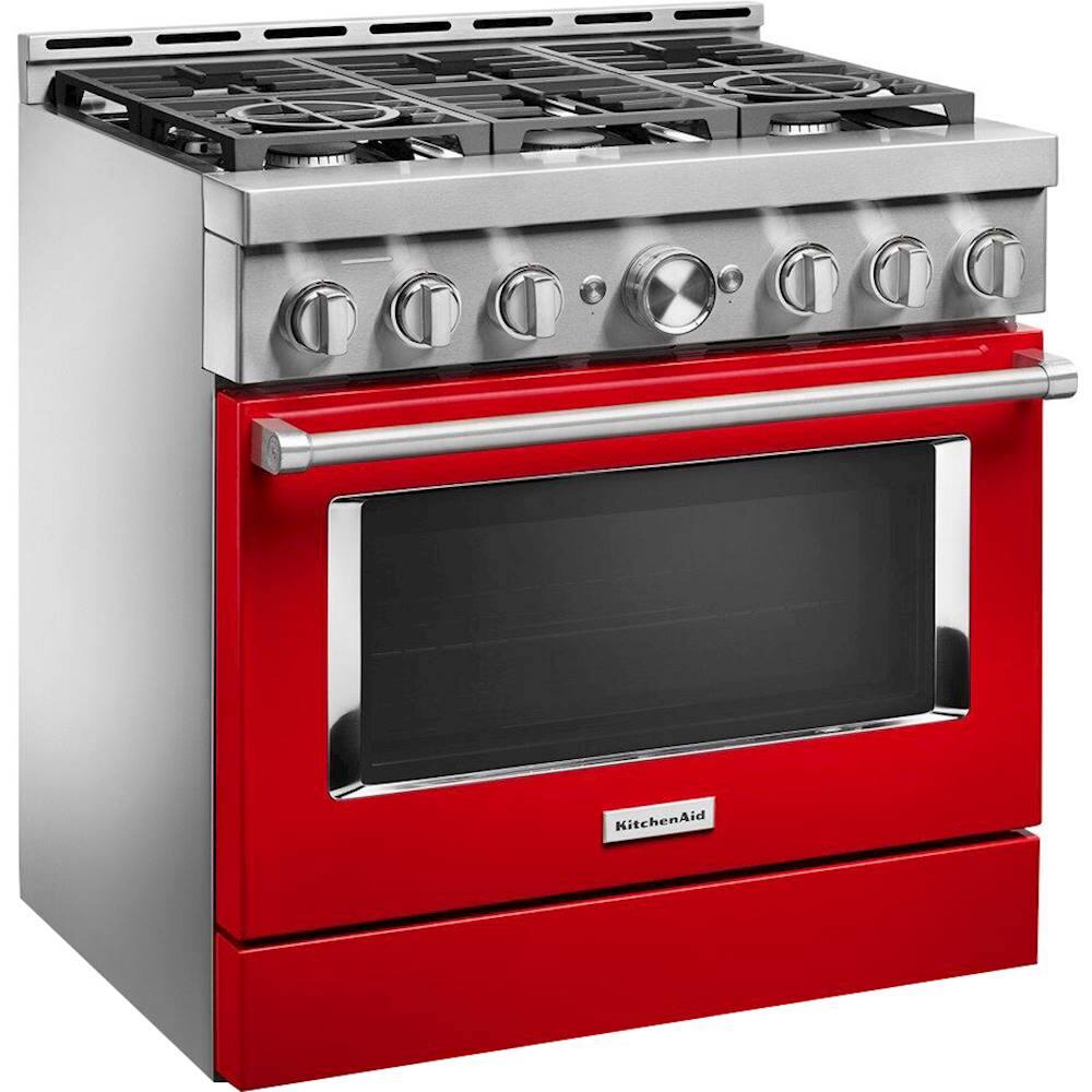 Angle. KitchenAid - Commercial-Style 5.1 Cu. Ft. Slide-In Gas True Convection Range with Self-Cleaning - Passion Red.