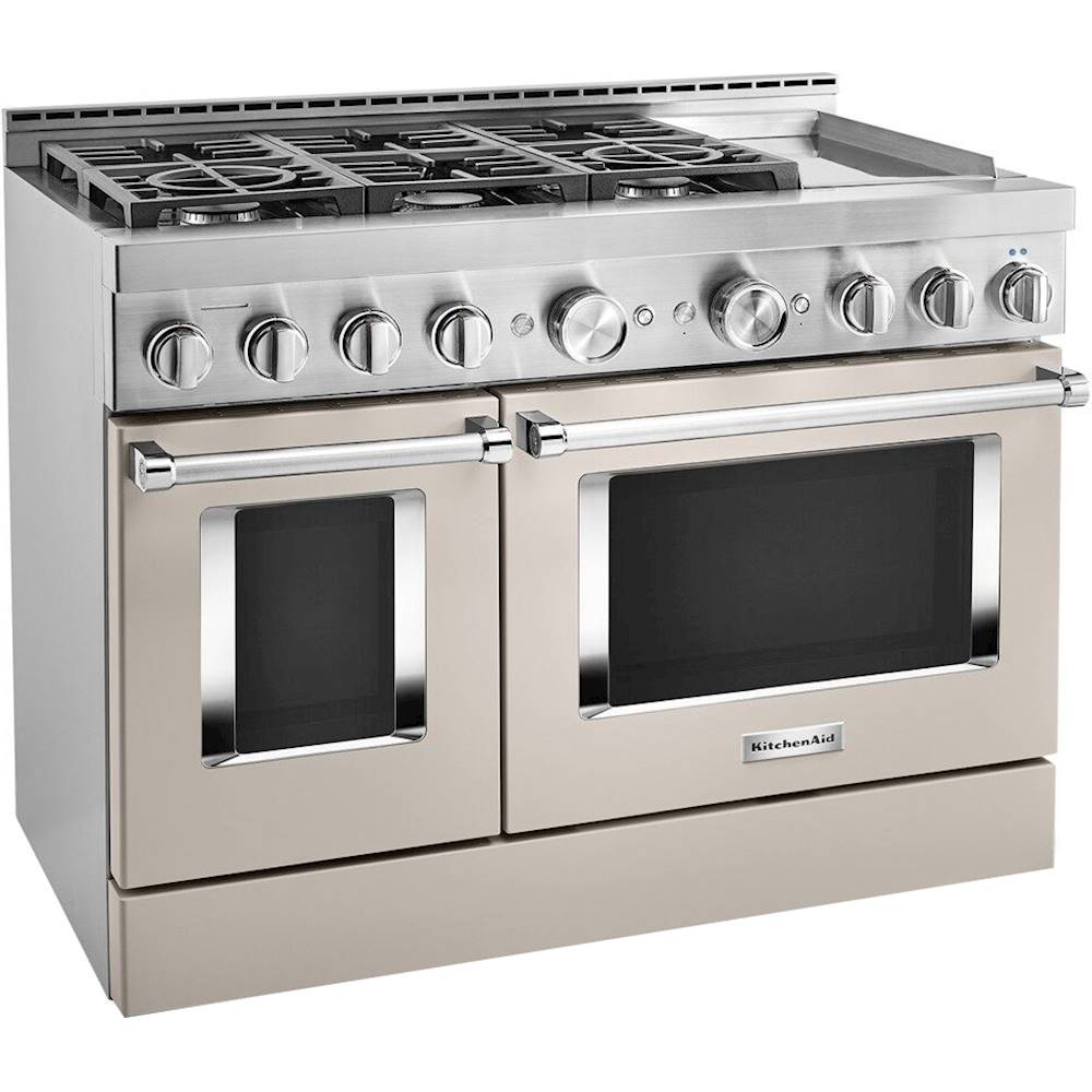 Angle View: KitchenAid - 6.3 Cu. Ft. Slide-In Double Oven Gas True Convection Range with Self-Cleaning and Griddle - Milkshake