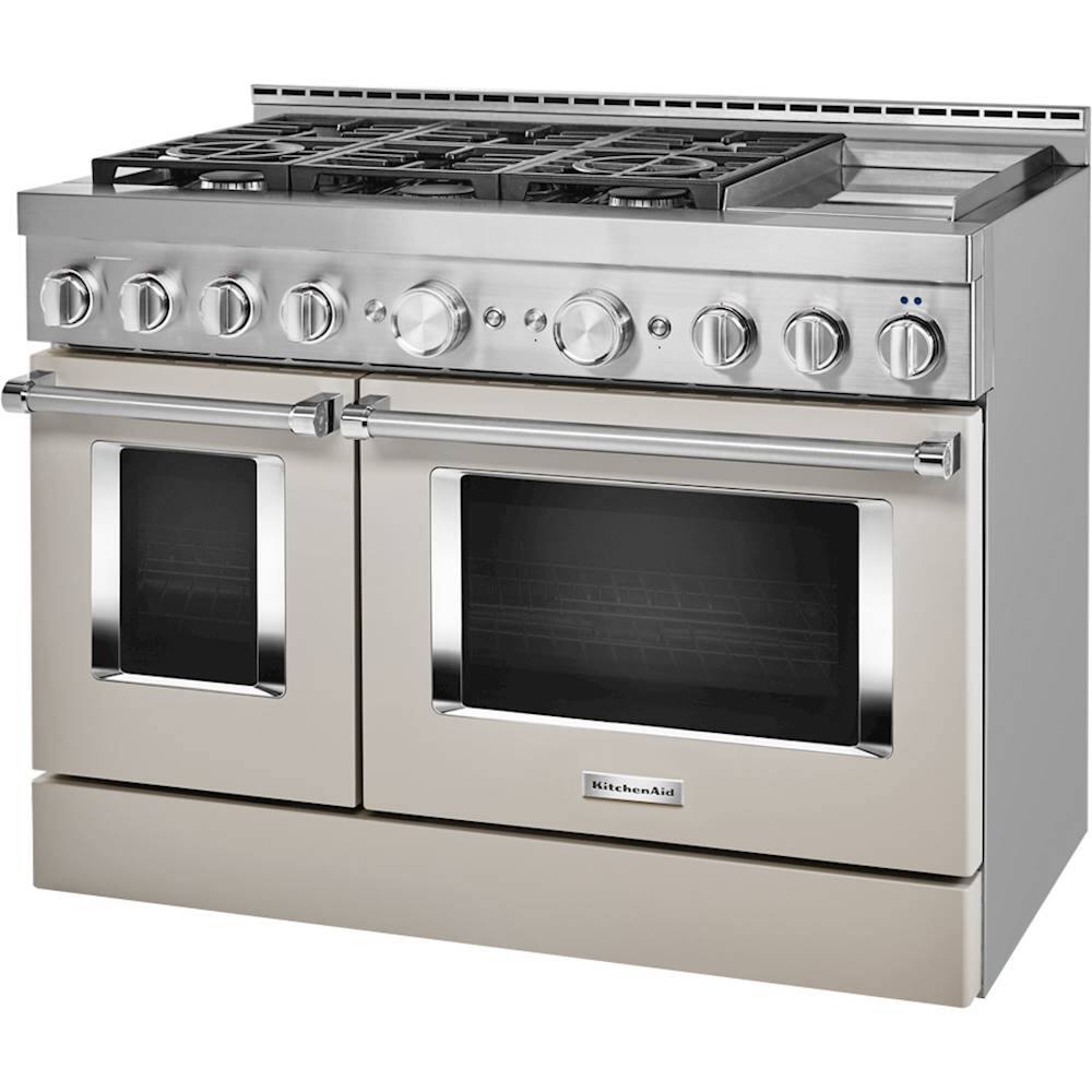 Left. KitchenAid - 6.3 Cu. Ft. Freestanding Double Oven Gas True Convection Range with Self-Cleaning and Griddle - Milkshake.