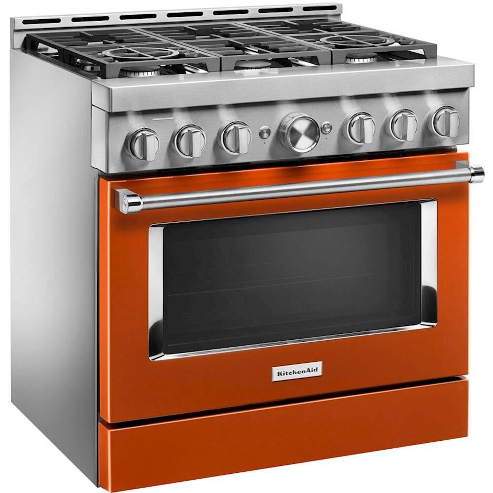 Angle. KitchenAid - Commercial-Style 5.1 Cu. Ft. Slide-In Gas True Convection Range with Self-Cleaning - Scorched Orange.