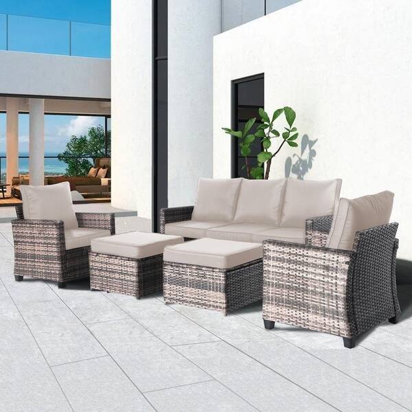 Alt View 6. Yardgrace - 5-Piece Outdoor Wicker Patio Conversation Set, Includes 2 Ottomans and Cushions - Beige.