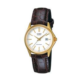 Casio - Women’s White Dial Leather Strap Gold-Tone Watch - LTP-1183Q-7A - Brown