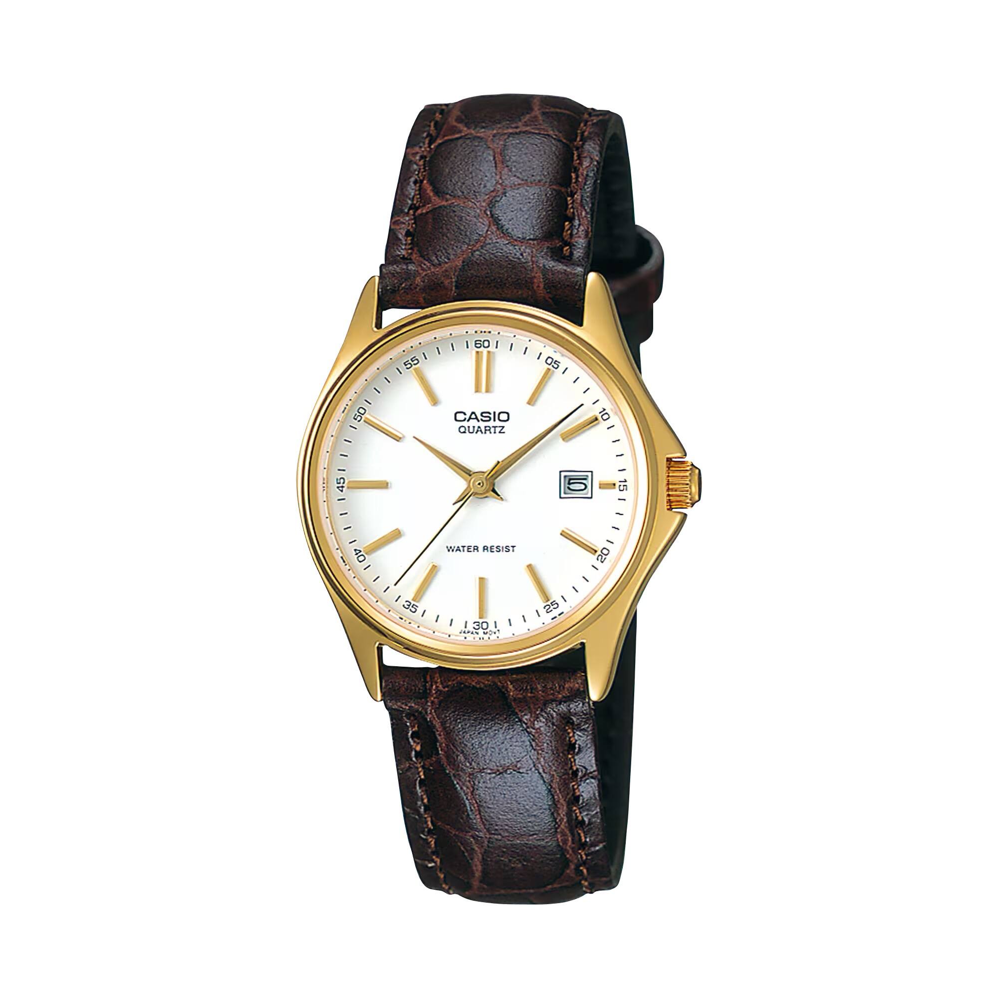 Casio - Women’s White Dial Leather Strap Gold-Tone Watch - LTP-1183Q-7A - Brown