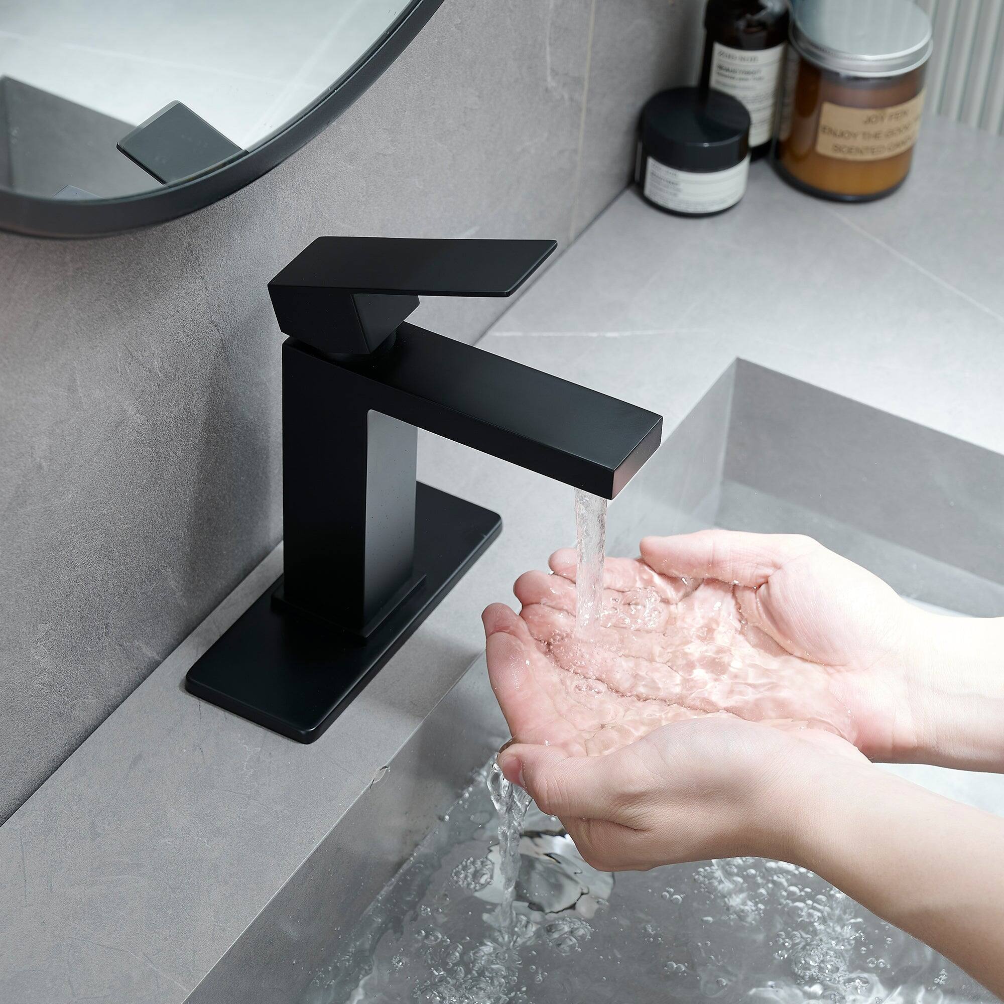 Alt View 4. Boyel Living - Single Handle Single Hole Bathroom Faucet Matte Black with Deck Plate Pop Up Drain and Water Supply Hoses - Matte Black.