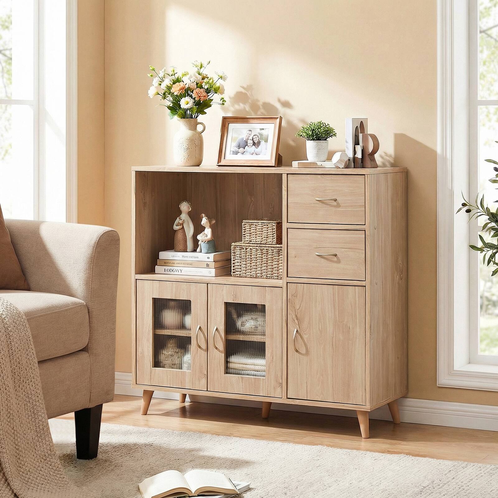 Alt View 3. Gymax - Gymax 36'' Sideboard Buffet Cabinet w/Open Compartment 2 Drawers & 3 Doors for Kitchen Natural - Yellow.