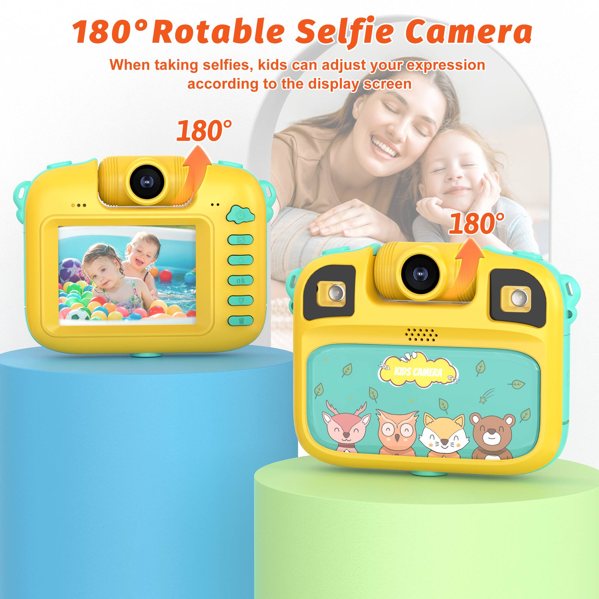 180 Rotatable Selfie Camera: When taking selfies, kids can adjust your expression according to the display screen.