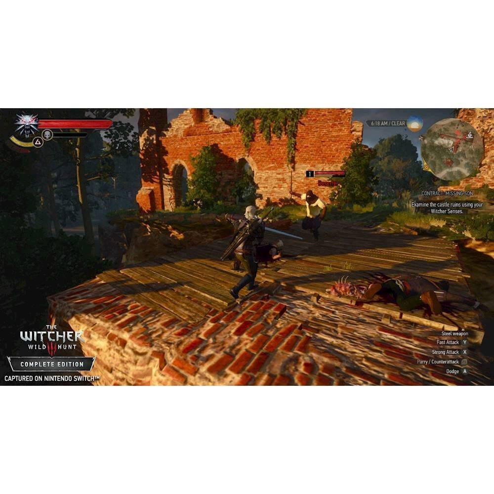 The image shows a group of people playing a video game, specifically The Witcher Wild Hunt, on a Nintendo Switch console. The game is set in a medieval environment, with a castle in the background. The players are engaged in a battle, with one player holding a steel weapon and another player holding a sword. The game is played on a brick platform, adding to the medieval atmosphere. The players are actively using their Witcher Senses to navigate the game and make strategic decisions.