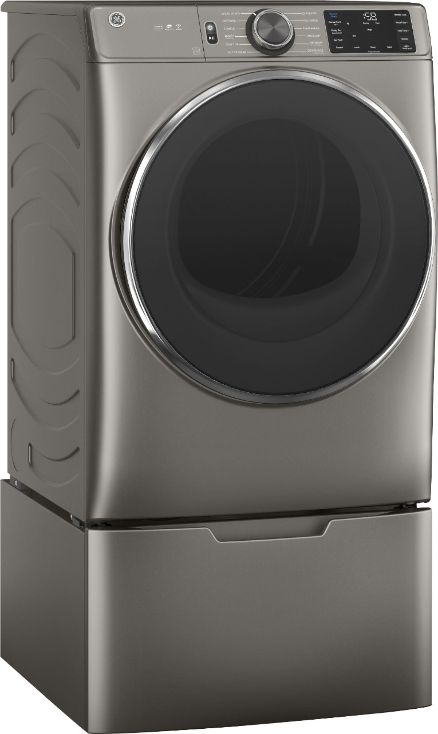 Angle View: "GE GFD65GSPNSN 28"" Front Load Gas Dryer with 7.8 cu. ft. Capacity Powersteam Built-in WiFi Sanitize Cycle and Vent Sensor in Satin Nickel"