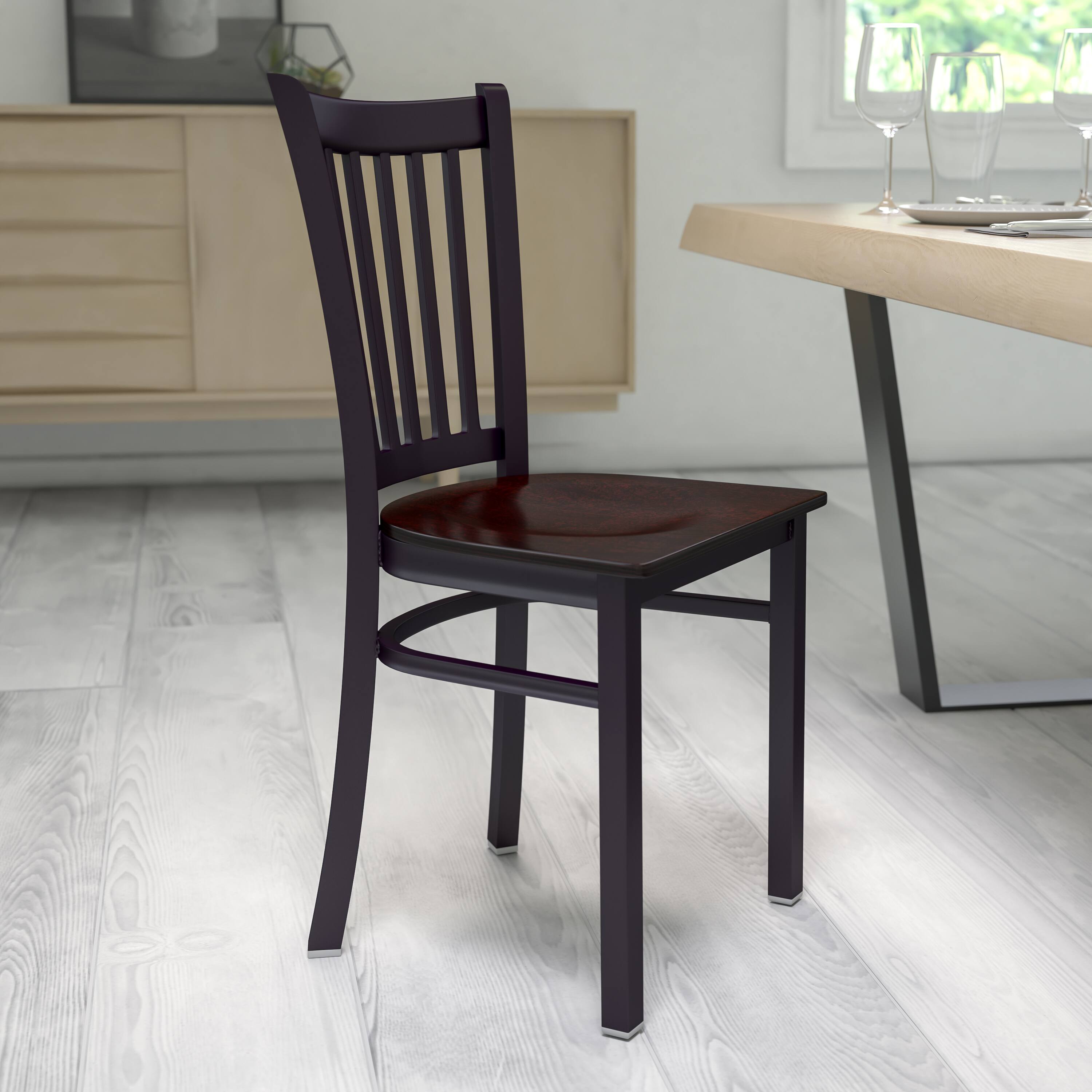 Alt View 1. Emma + Oliver - Vertical Back Metal Restaurant Dining Chair - Walnut Wood Seat/Black Metal Frame.