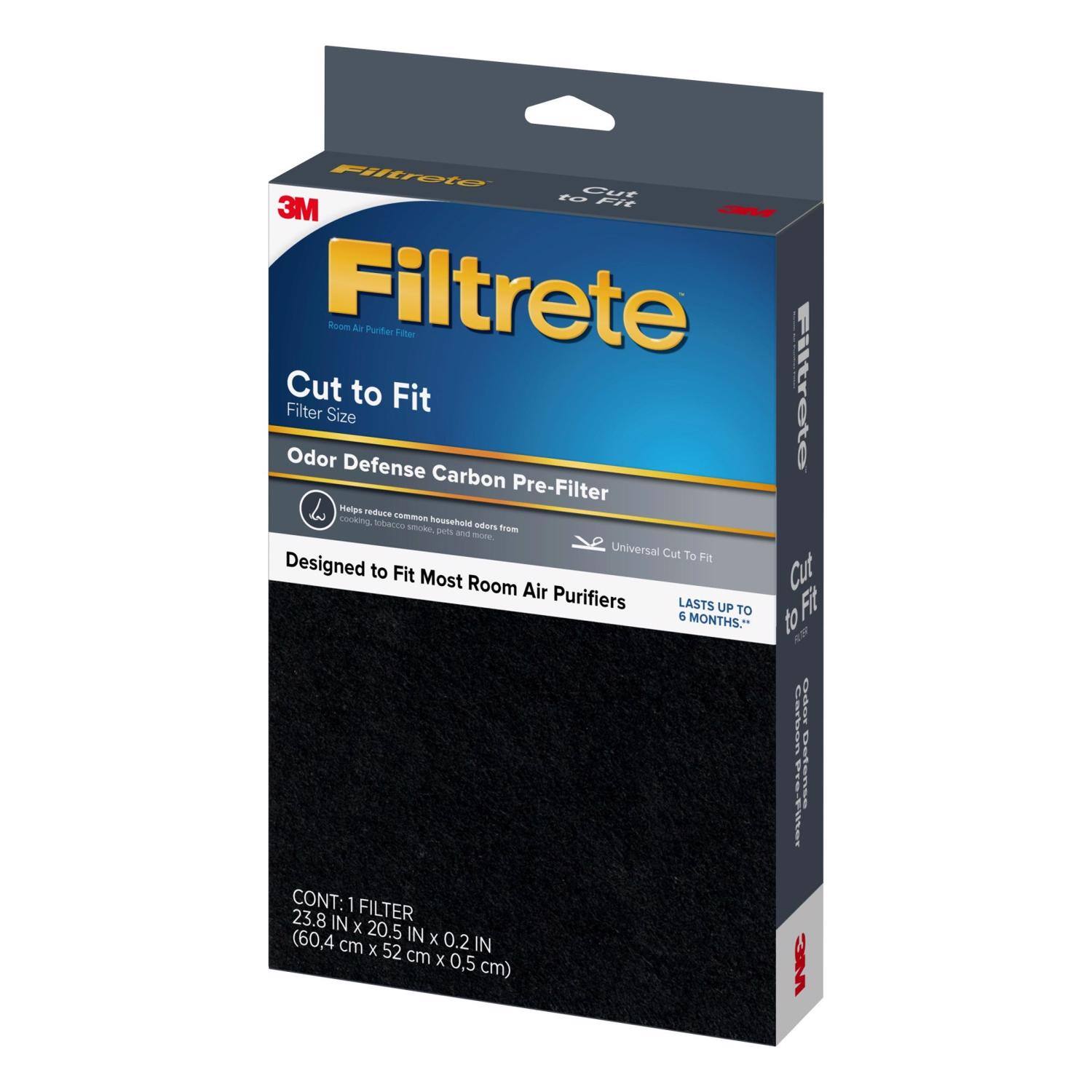 Filtrete 3M Filtrete Room Air Purifier Filter Size Odor Defense Carbon Pre-Filter Cut to Fit. Designed to Fit Most Room Air Purifiers. LASTS UP TO 6 MONTHS. CONT: 1 FILTER 23.8 IN X 20.5 IN X 0.2 IN (60.4 cm x 52 cm x 0.5 cm)