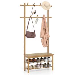 Costway - Bamboo Coat Rack with Bench Shoe Storage 2 Hanging Rods 11 Hanging Hooks Shelves - Beige