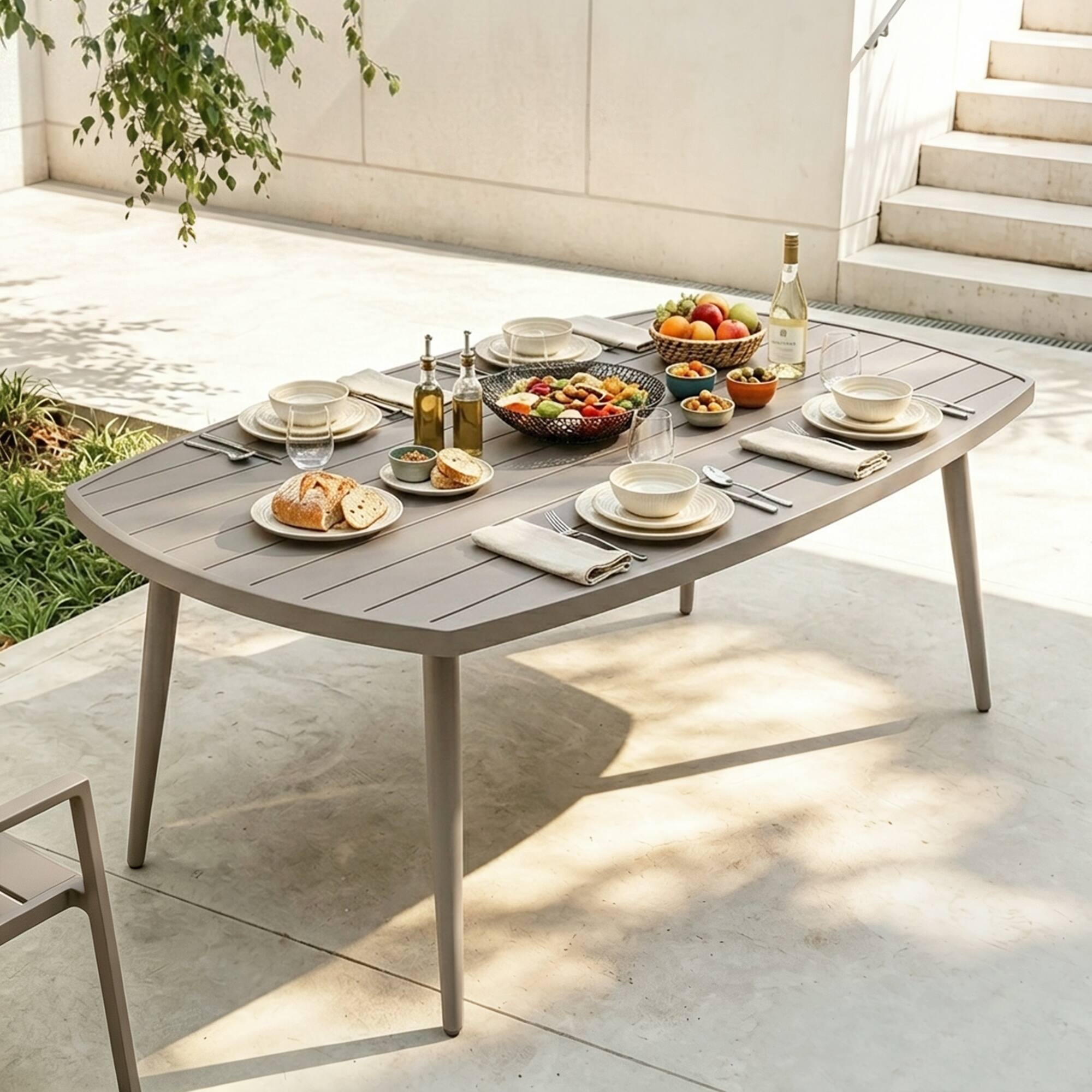 Angle. Nuu Garden - Outdoor Aluminum Dining Table with 2.76" Umbrella Hole - Beige.