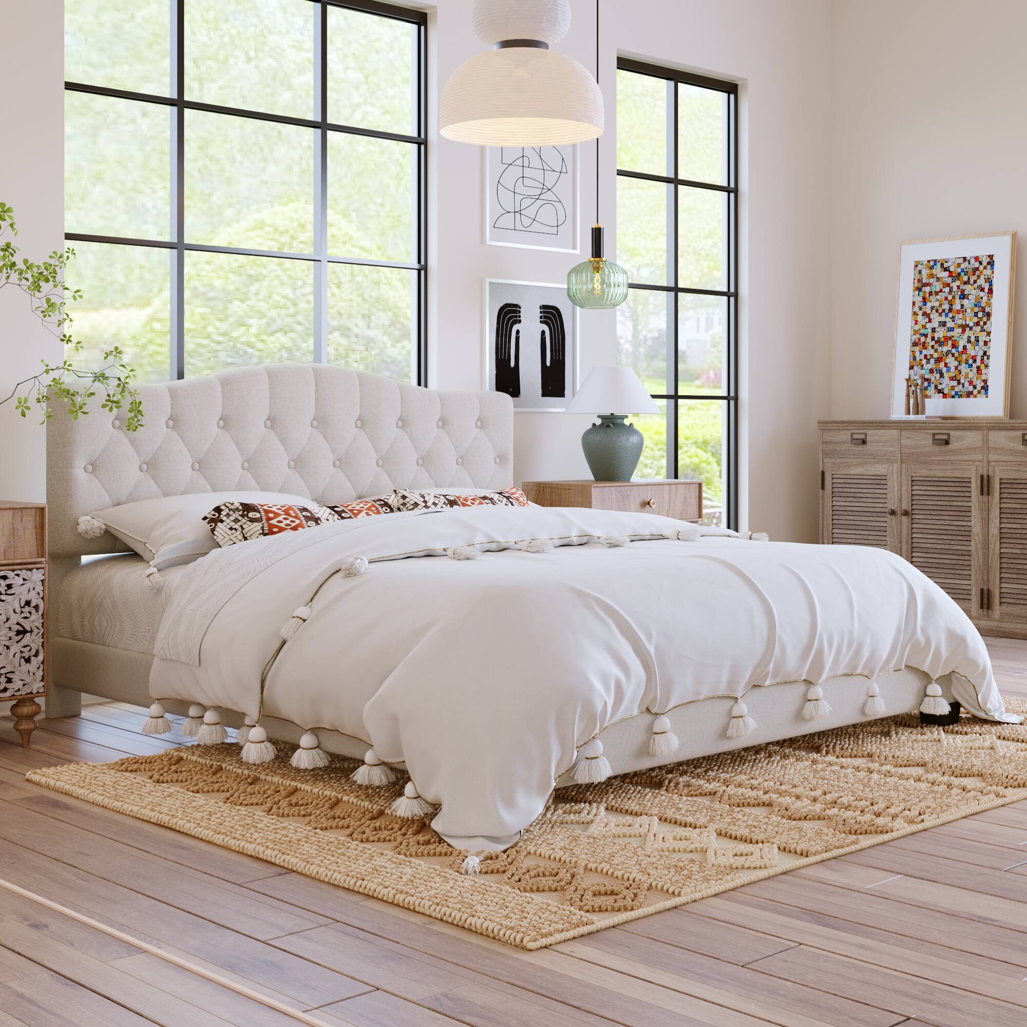 Angle. GOODSILO - Luxury Upholstered Platform Bed with Adjustable Headboard and Diamond Tufted Details - Beige.