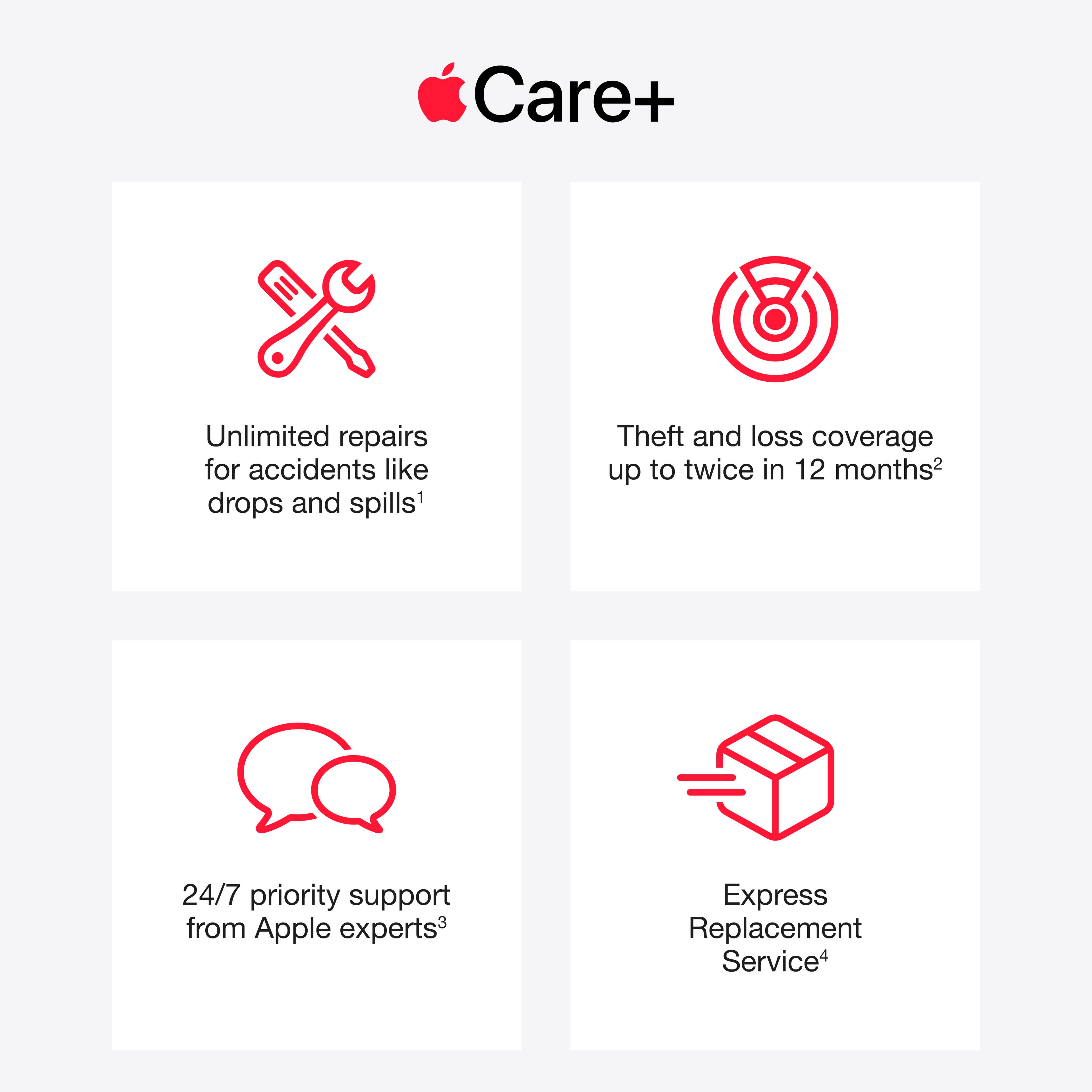Care+  
1. Unlimited repairs for accidents like drops and spills  
2. Theft and loss coverage up to twice in 12 months  
3. 24/7 priority support from Apple experts  
4. Express Replacement Service