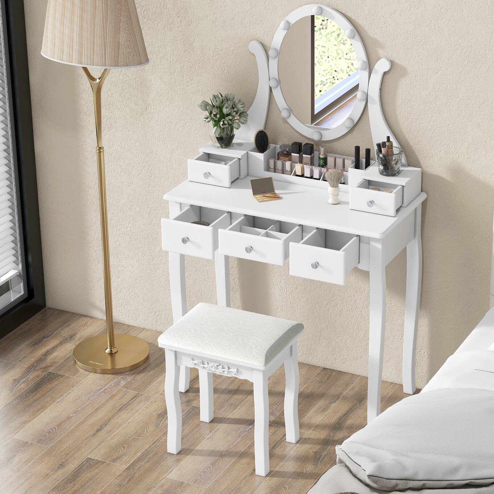 Alt View 10. Costway - Costway Vanity Set Makeup Table Padded Stool LED Lighted Mirror 5 Drawers Storage Grid - White.